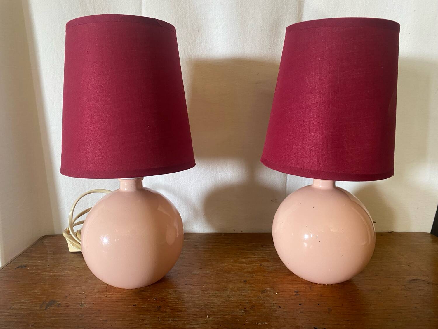 Pair of antique de schuytener opaline pink ball vintage bedside lamps