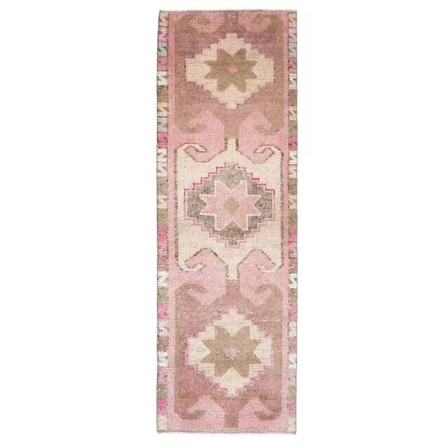 Vintage Turkish hand-knotted wool cotton pink runner rug 88x283