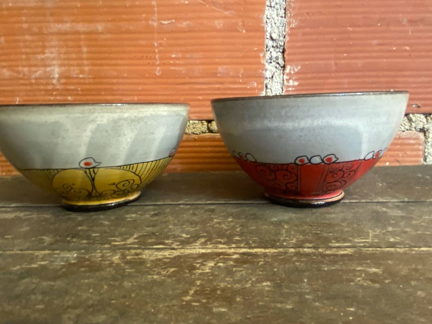 Pair of Antique Bowls Pottery Arlequin Rustrel Chiseled Ceramic + Enamel