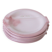 Lot de 6 assiettes en barbotine rose modèle "Poisson", Faïencerie de Pornic "Mélusine", 1970