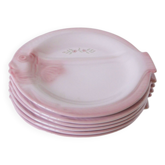 Set of 6 pink slip plates "Fish" model, Pornic earthenware "Mélusine", 1970