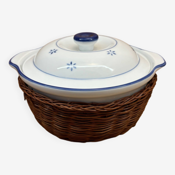 White tureen with wicker basket