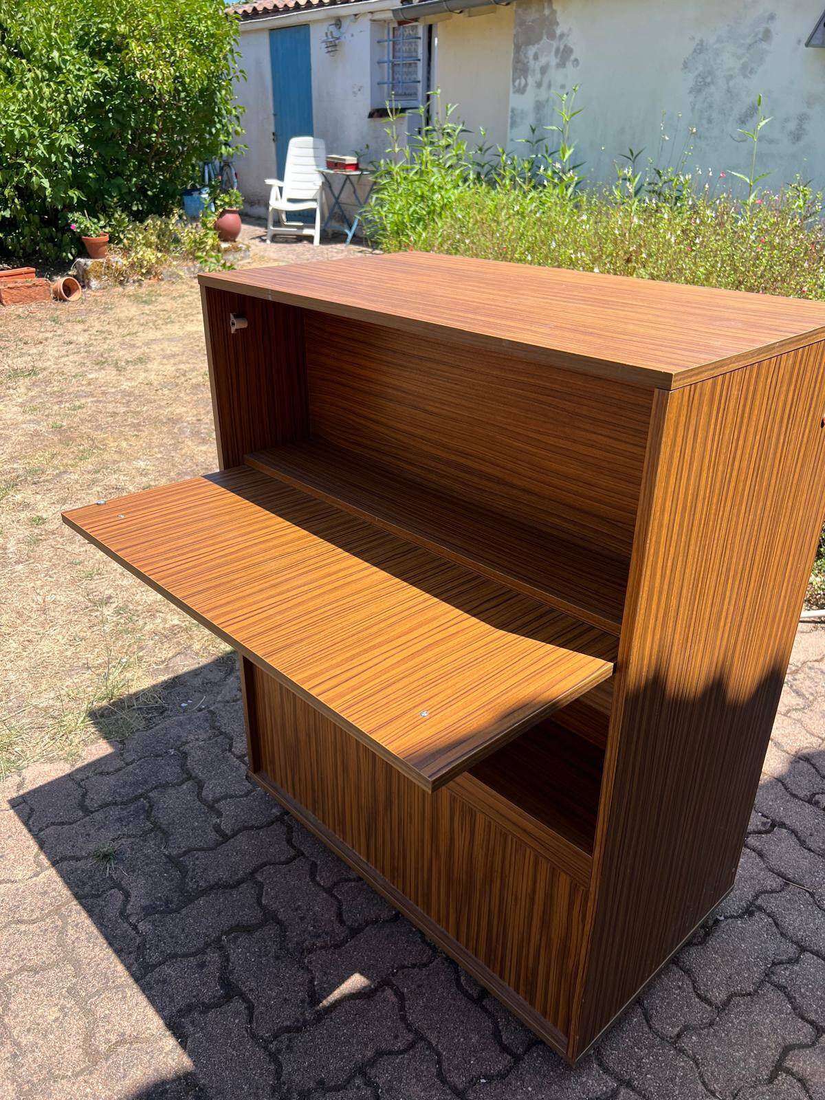 Vintage foldable bedside table in zebra wood – 1970s