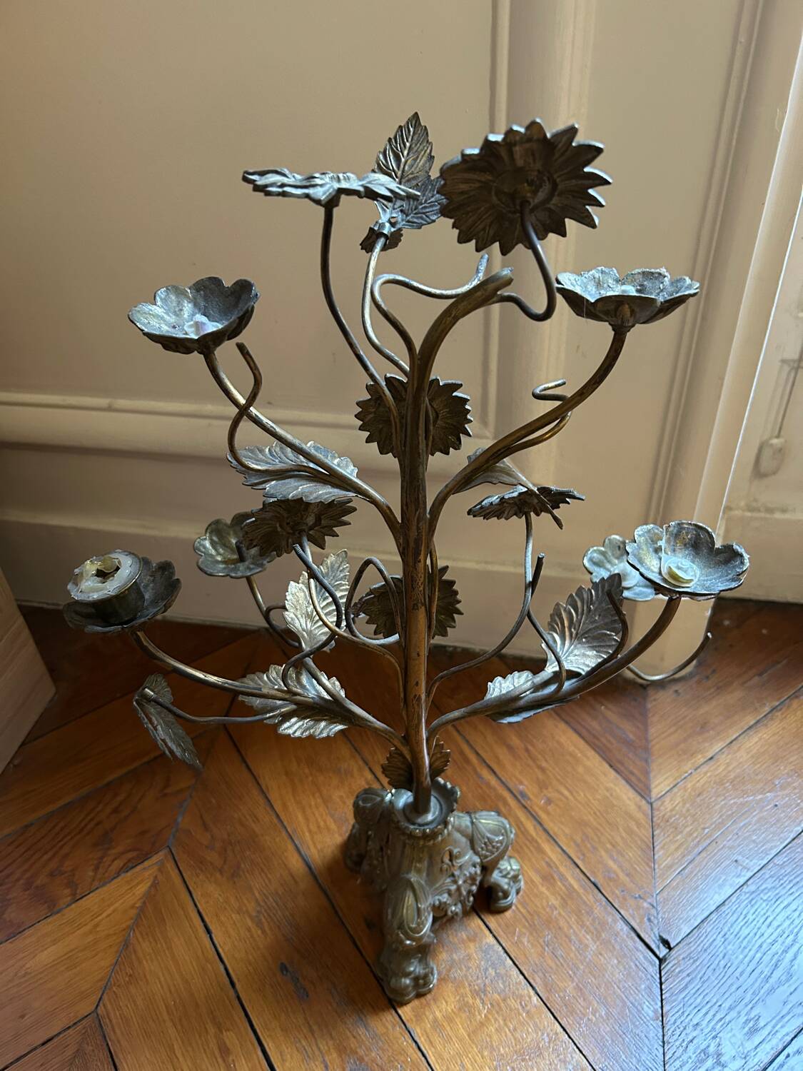 Antique metal candlestick with floral decoration – Mexico