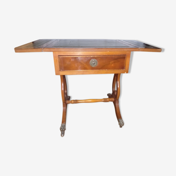 Table de jeu ancienne bois et cuir vert ornementé