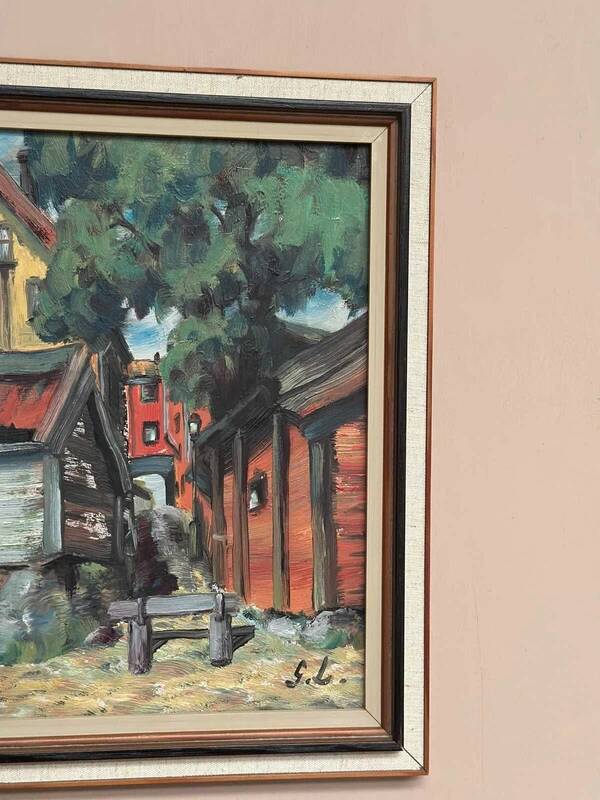 Original oil on panel “Red cottages” by Ingrid Larsblad, vintage & framed 30×40cm