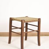 Tabouret vintage, carré, en bois massif, siège en paille.