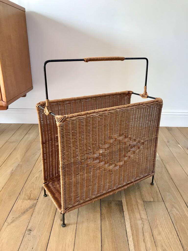 large wicker / rattan and black iron magazine rack from the 70s