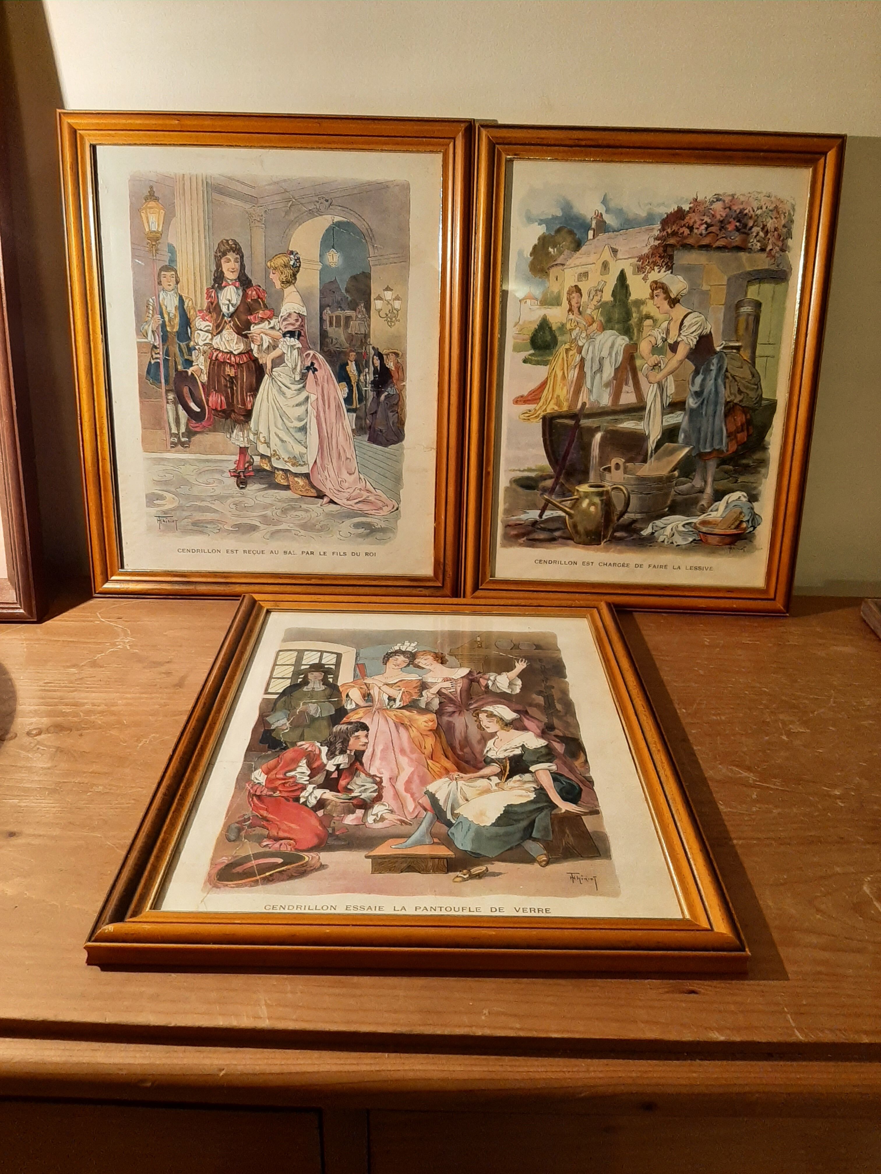 3 old Cinderella illustrations framed under glass