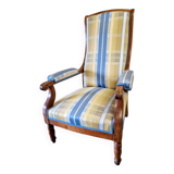 Fauteuil Voltaire - De style Louis Philippe - En bois mouluré, garniture de tissu bleu et jaune