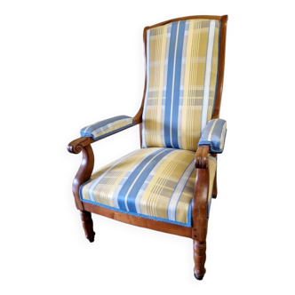 Voltaire armchair - Louis Philippe style - In molded wood, blue and yellow fabric trim