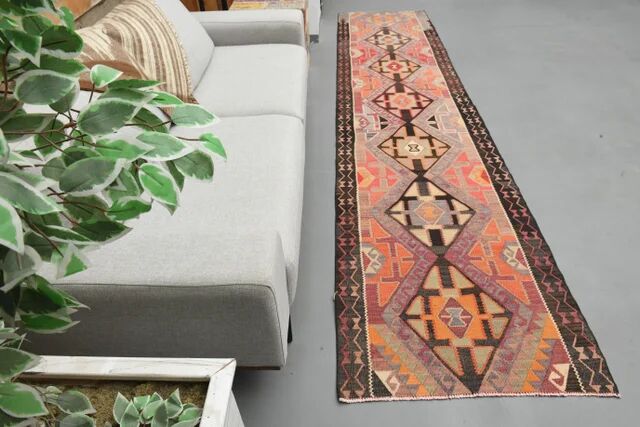 1970s Turkish Oushak Handmade Wool Cotton Orange Runner Rug 90x400