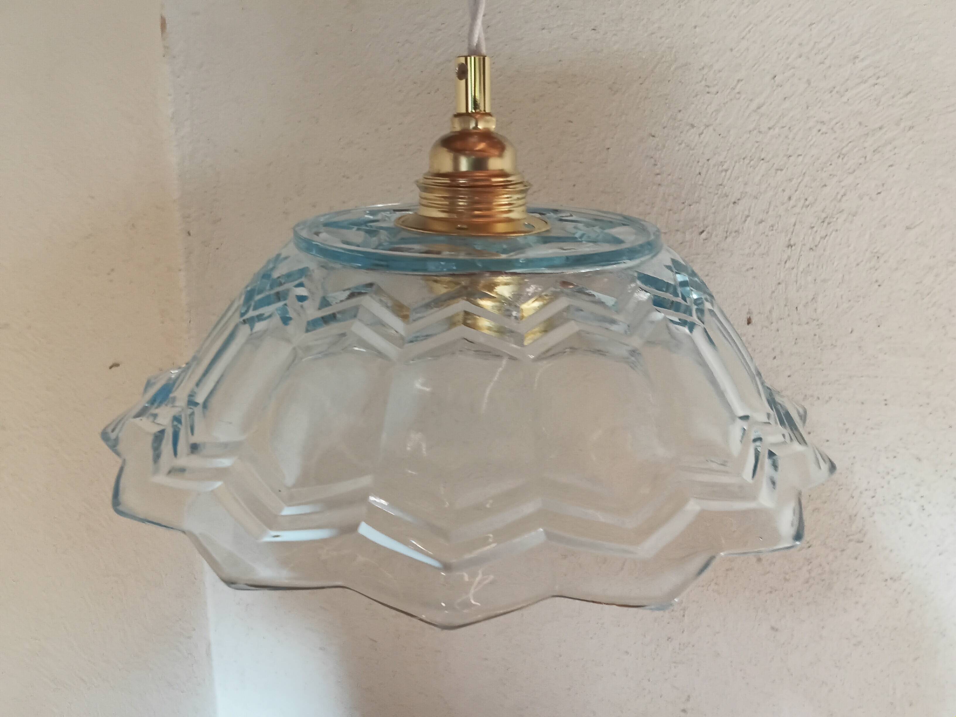 Vintage pendant light in blue chiseled glass