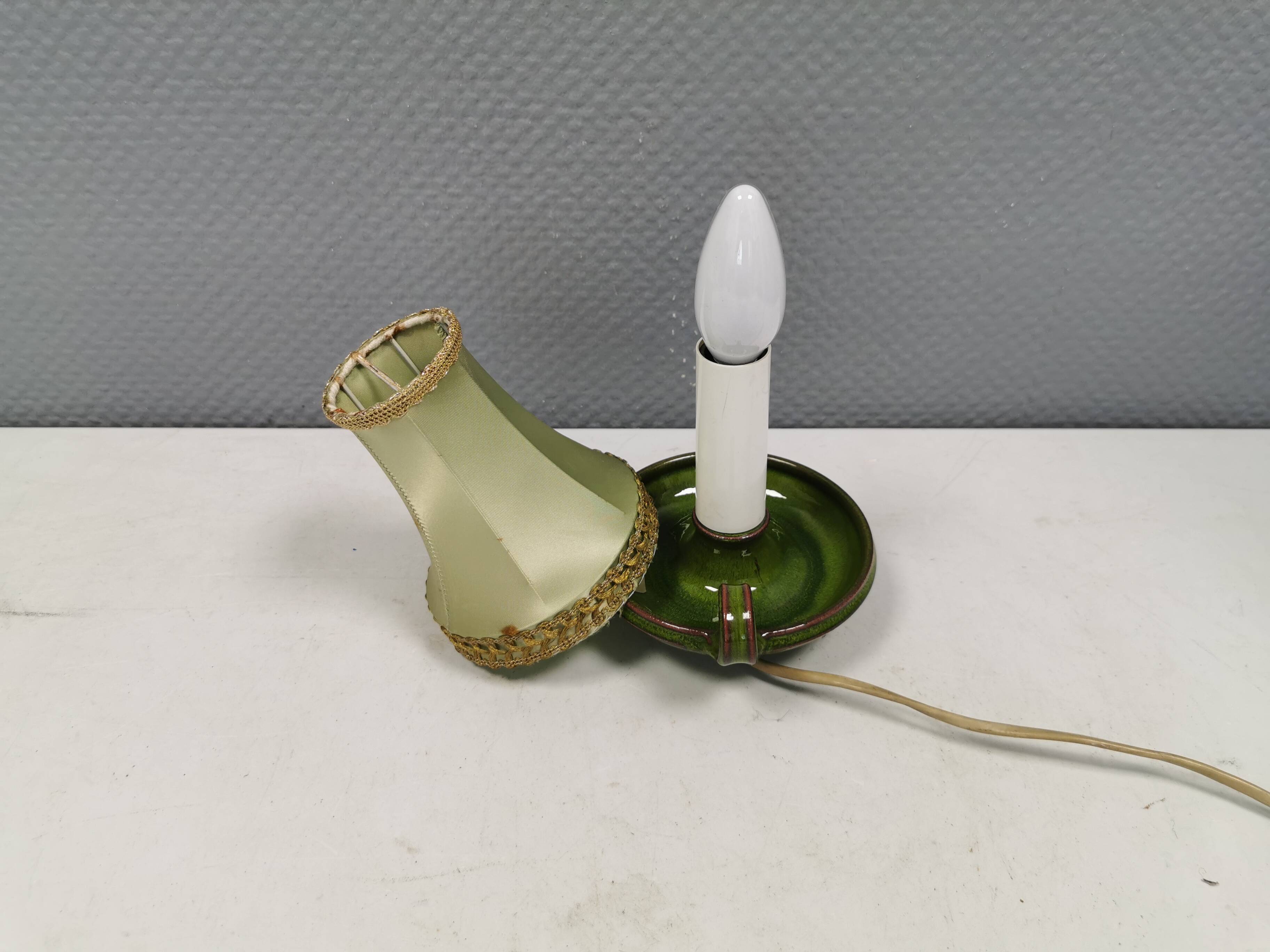 Small ceramic table lamp with beautiful green glaze and original shade, 70s