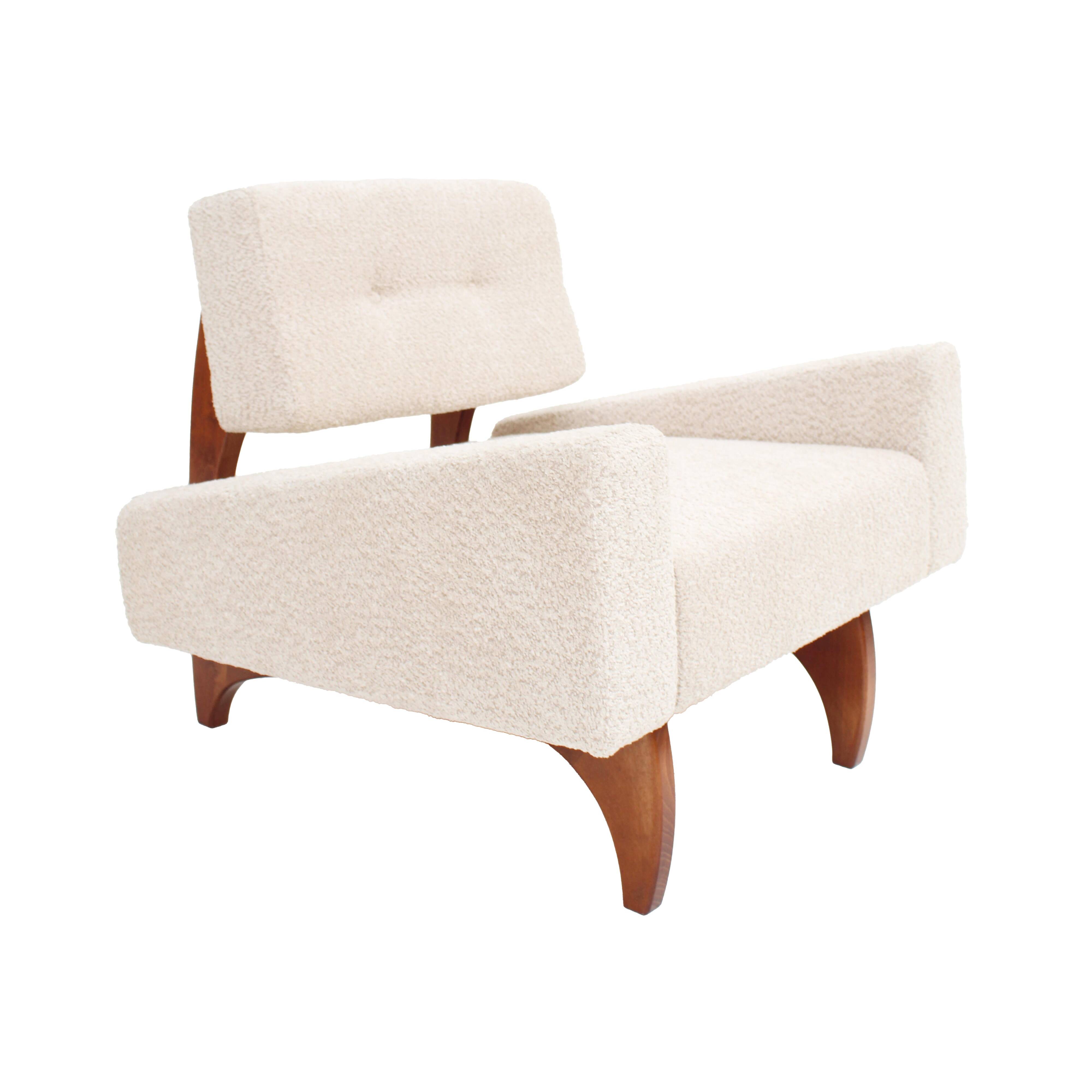 Pair of Italian Contemporary Walnut Armchairs with White Bouclé Upholstery