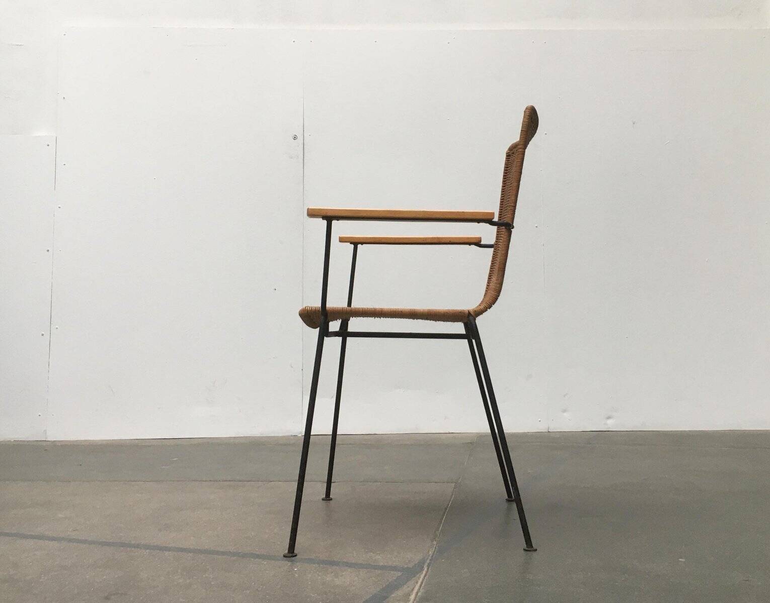 Mid-century metal and rattan dining chairs, set of 3.