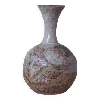 Vase terre cuite vernissée, petit vase, vase boule à long col, vase motifs florales, chardons