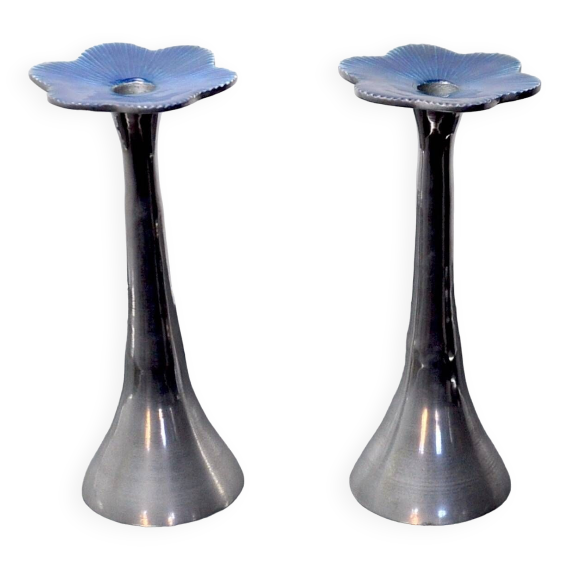 Pair of floral candlesticks by art3, aluminum and blue enameled ceramic, spain, 1980