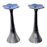 Pair of floral candlesticks by art3, aluminum and blue enameled ceramic, spain, 1980