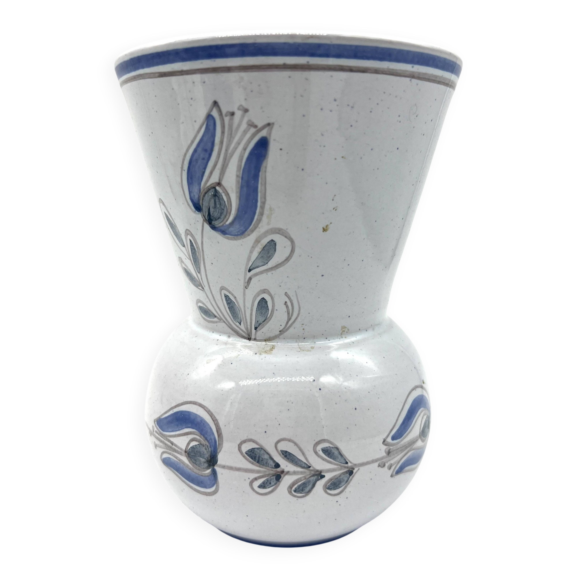 Blue glazed earthenware vase – stylized floral decoration – signed on the base