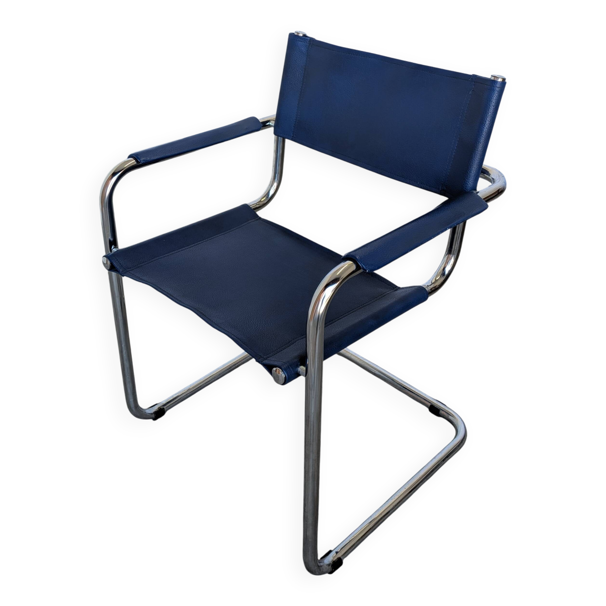 Chaise S34 de style vintage Mart Stam : cuir bleu, fauteuil de bureau Bauhaus