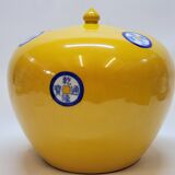 Pot couvert chinois vintage jaune et tampons bleus original pop