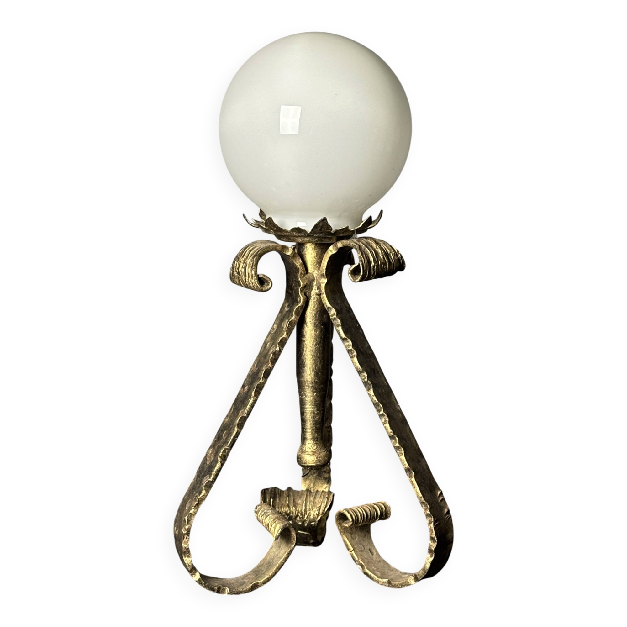 Midcentury brutalist wrought iron and opaline table lamp, Spain ca 1960s