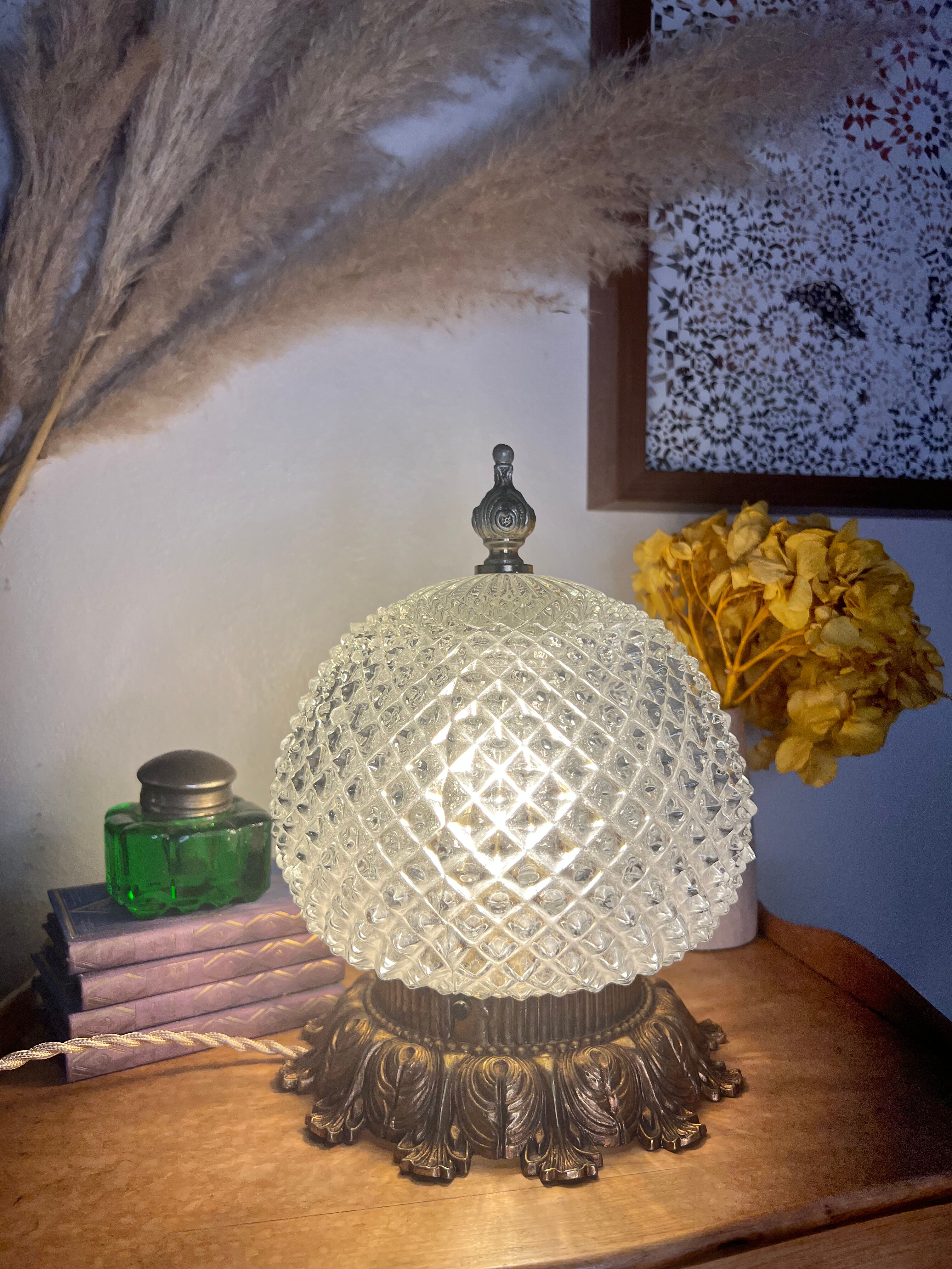 Old diamond tip table lamp - Glass and Bronze - Circa 1920