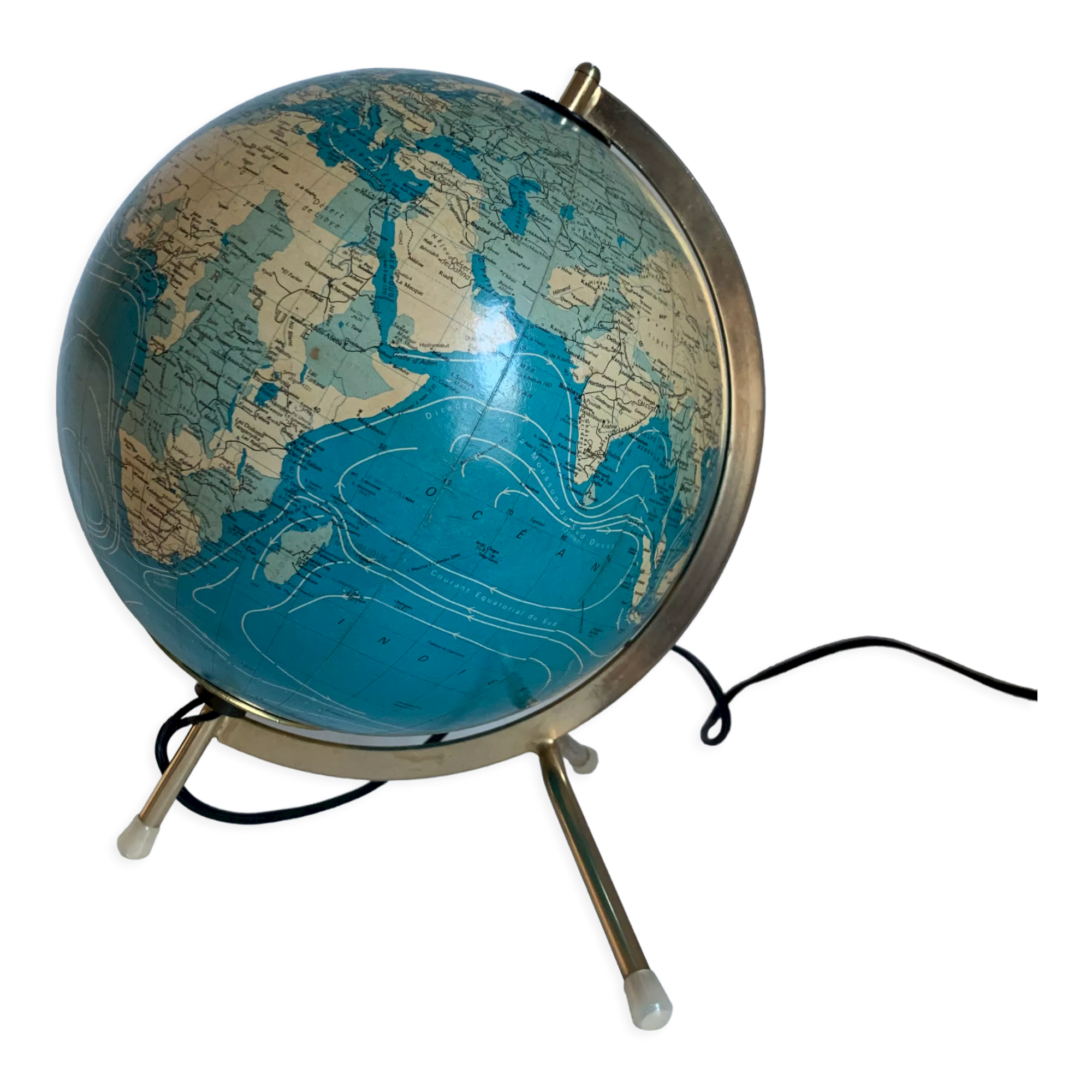Globe  vintage 1977 terrestre verre tripode doré Taride - 28 cm
