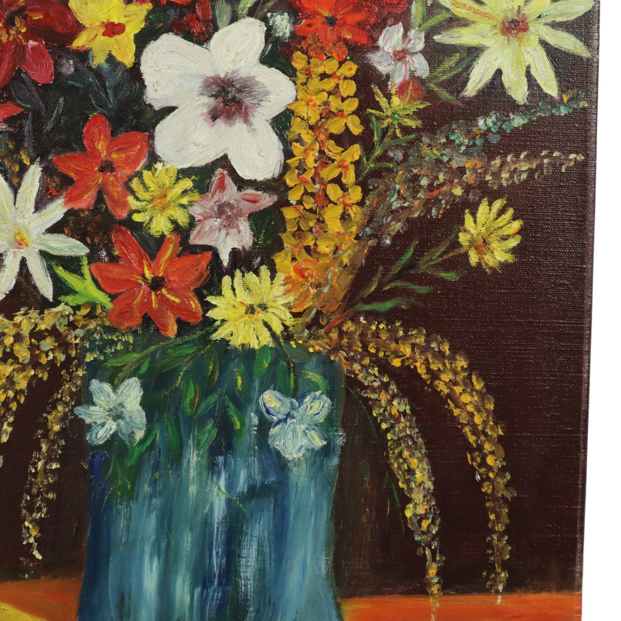 Flowers with Hat Still Life Painting Signed 60x50cm