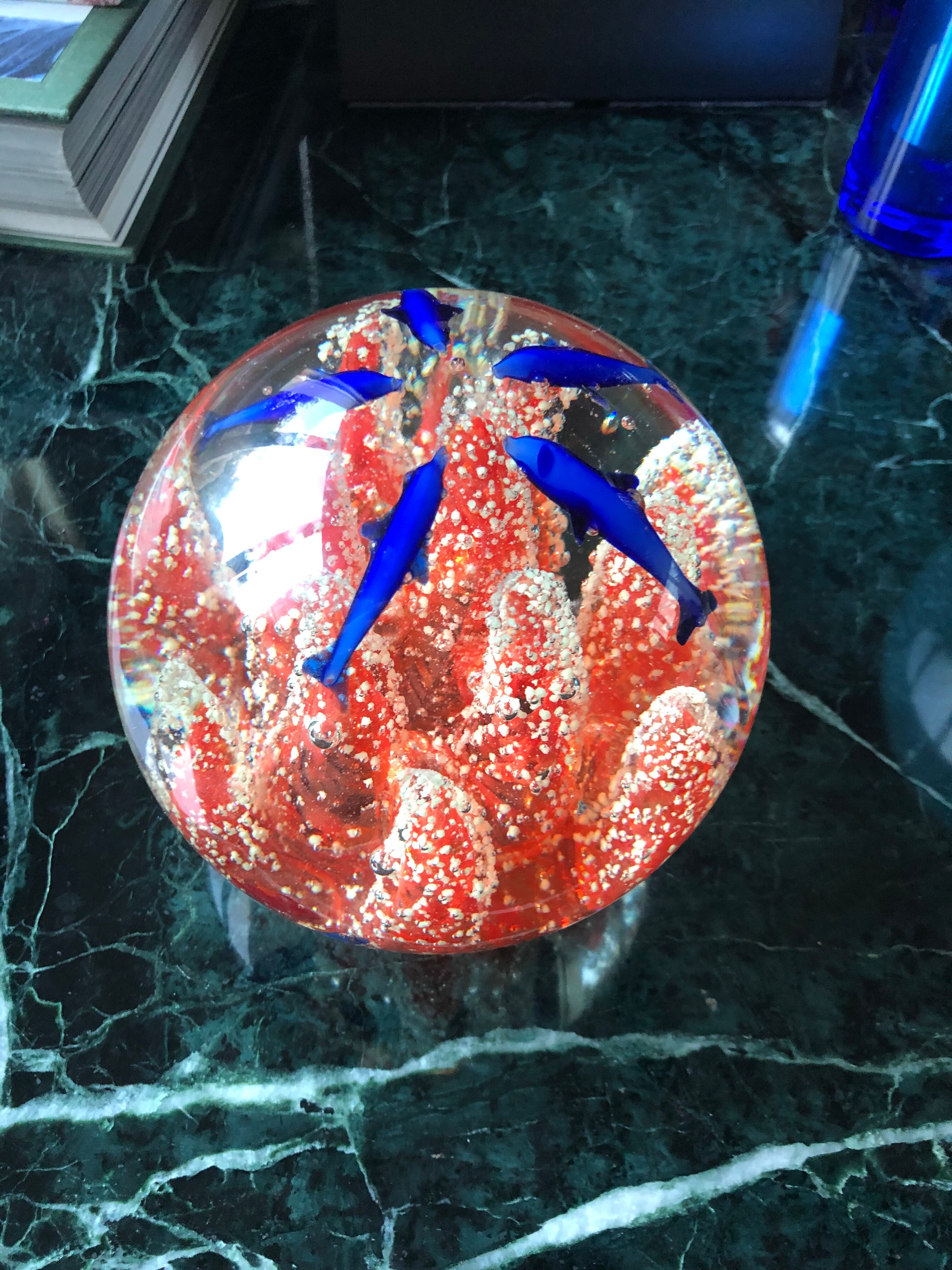 Murano glass ball paperweight Coral dolphins and fish