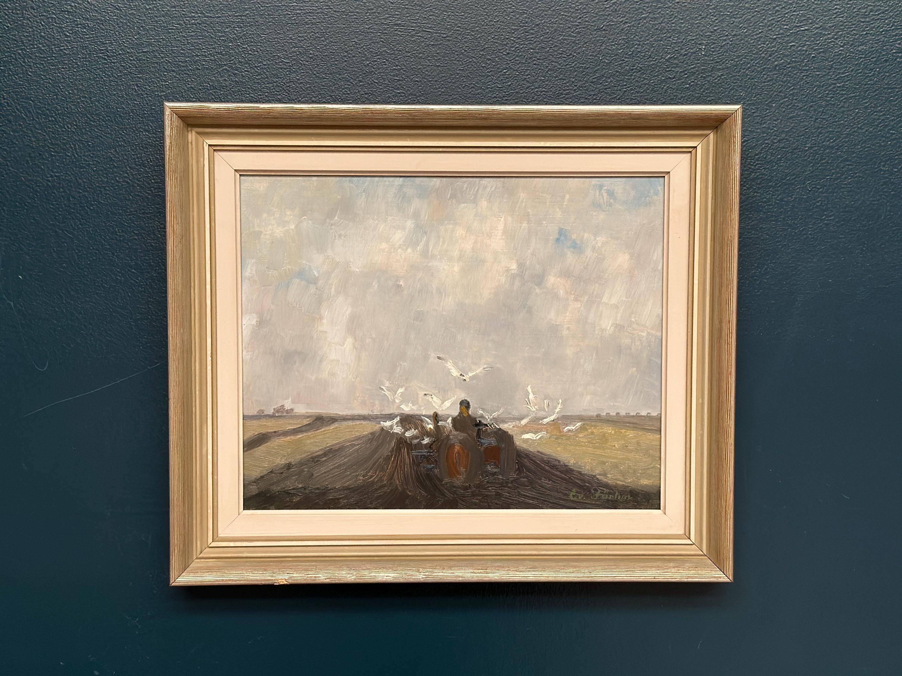 Original Mid Century Swedish Oil on Canvas – Tractor by Evert Färhm