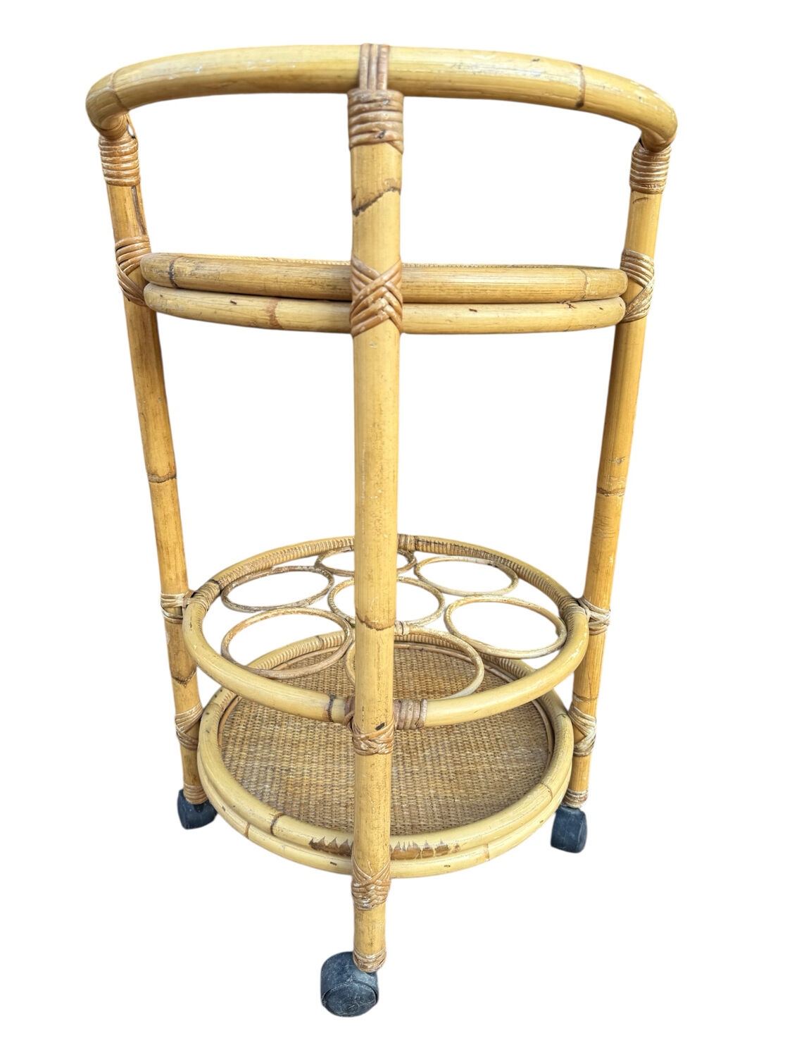 1960s rattan bottle holder rolling table