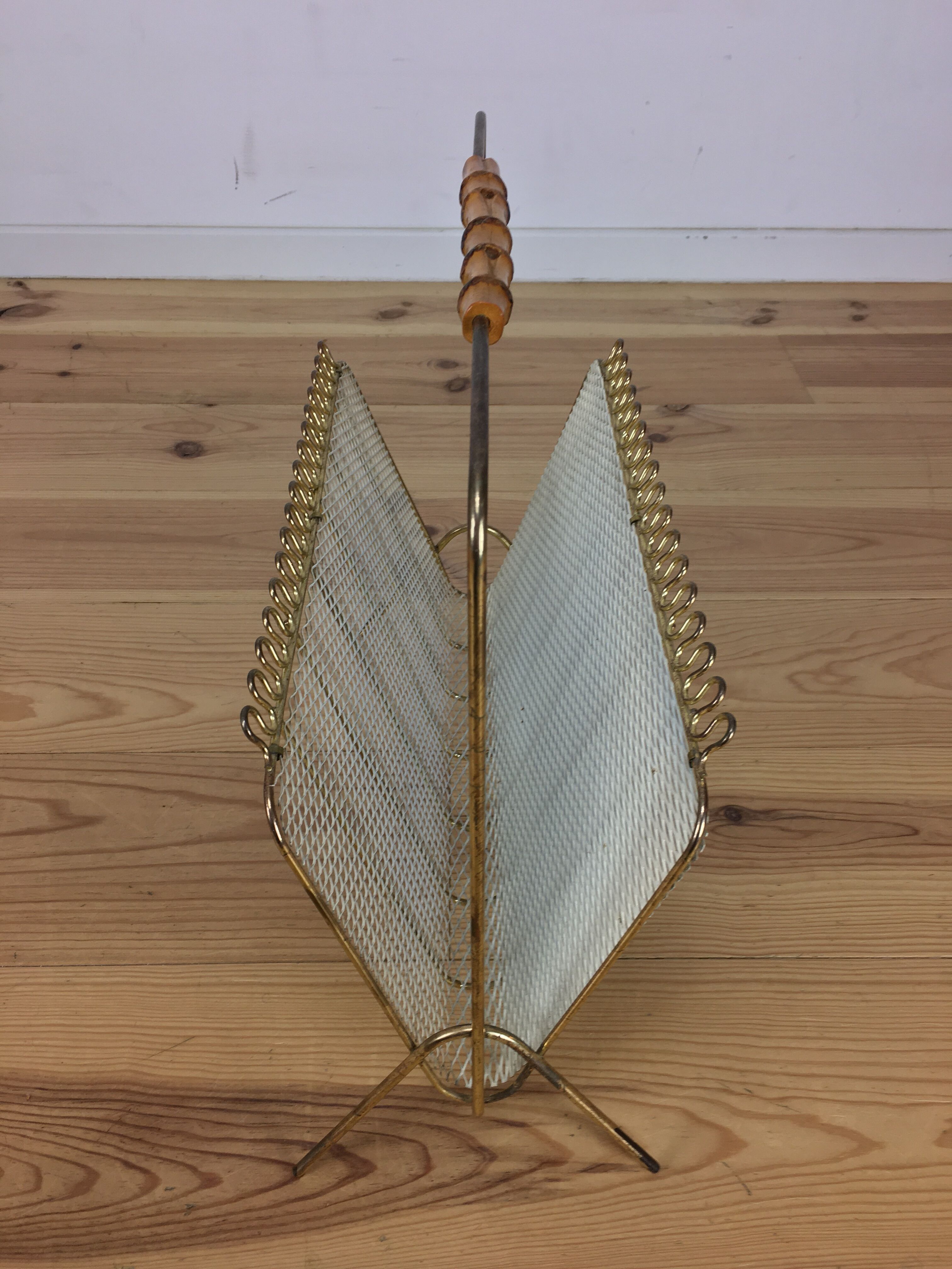 Magazine rack perforated sheet metal and bamboo, 50s