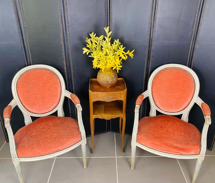 Pair of Louis XVI style medallion armchairs in orange velvet - circa 1950