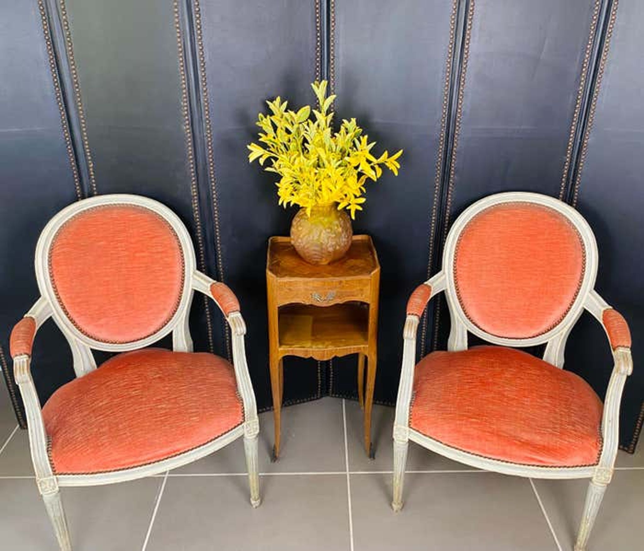 Pair of Louis XVI style medallion armchairs in orange velvet - circa 1950