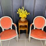 Pair of Louis XVI style medallion armchairs in orange velvet - circa 1950