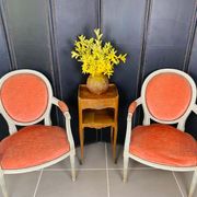 Pair of Louis XVI style medallion armchairs in orange velvet - circa 1950
