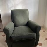 Club chair reupholstered green loden fabric