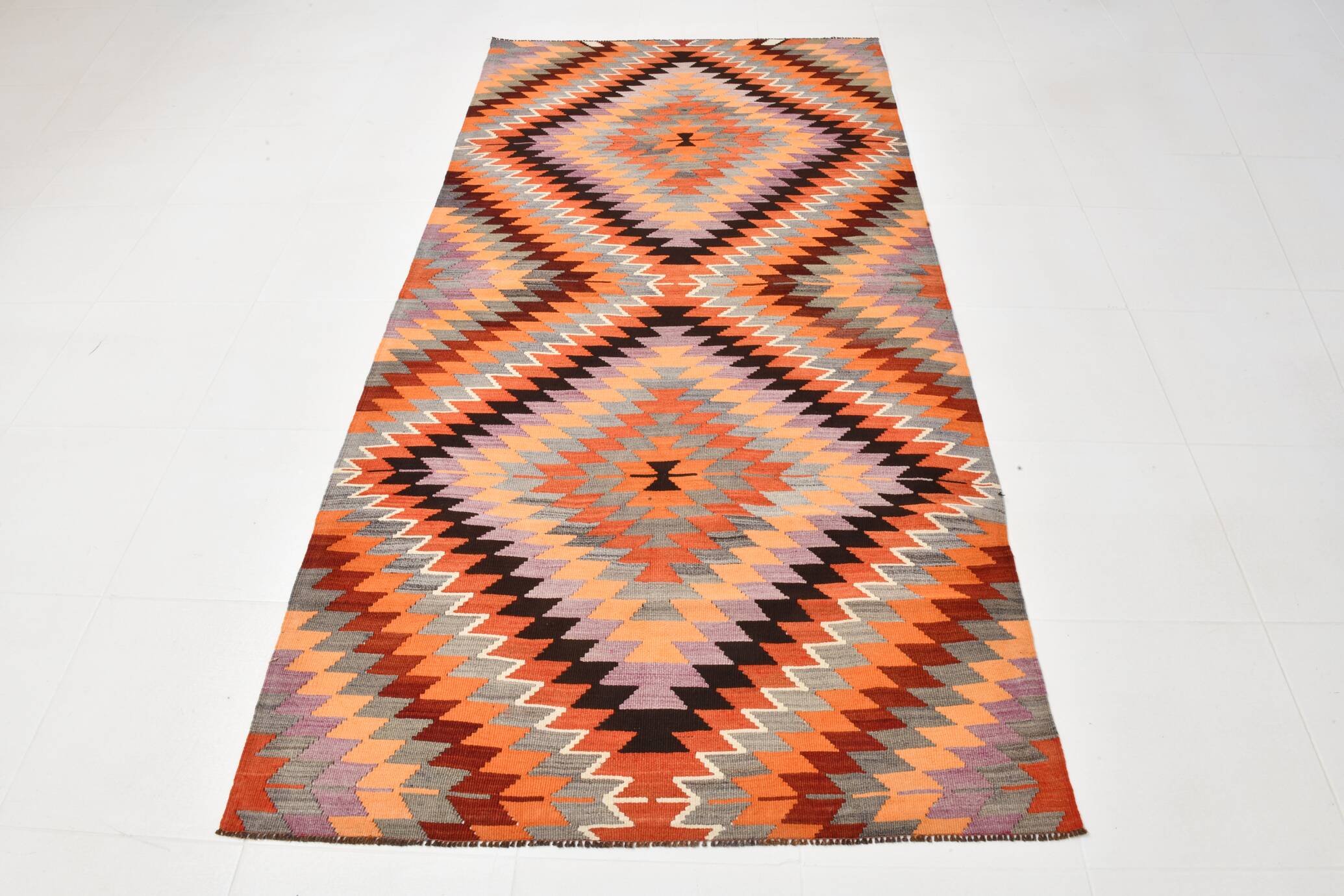Purple & Orange Geometric Kilim Rug, 126x253Cm