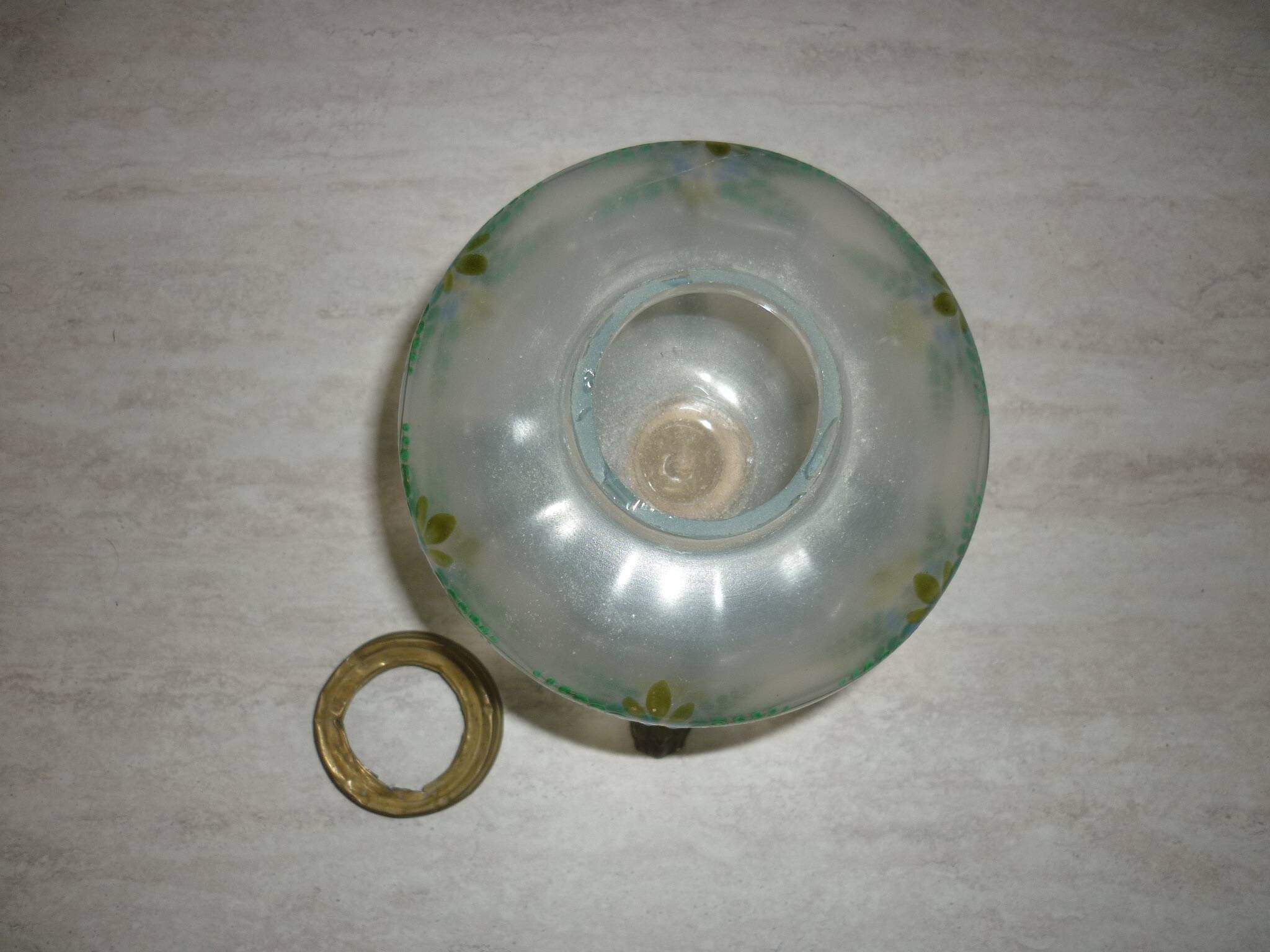 Painted oil lamp vase on pewter stand from the 19th century