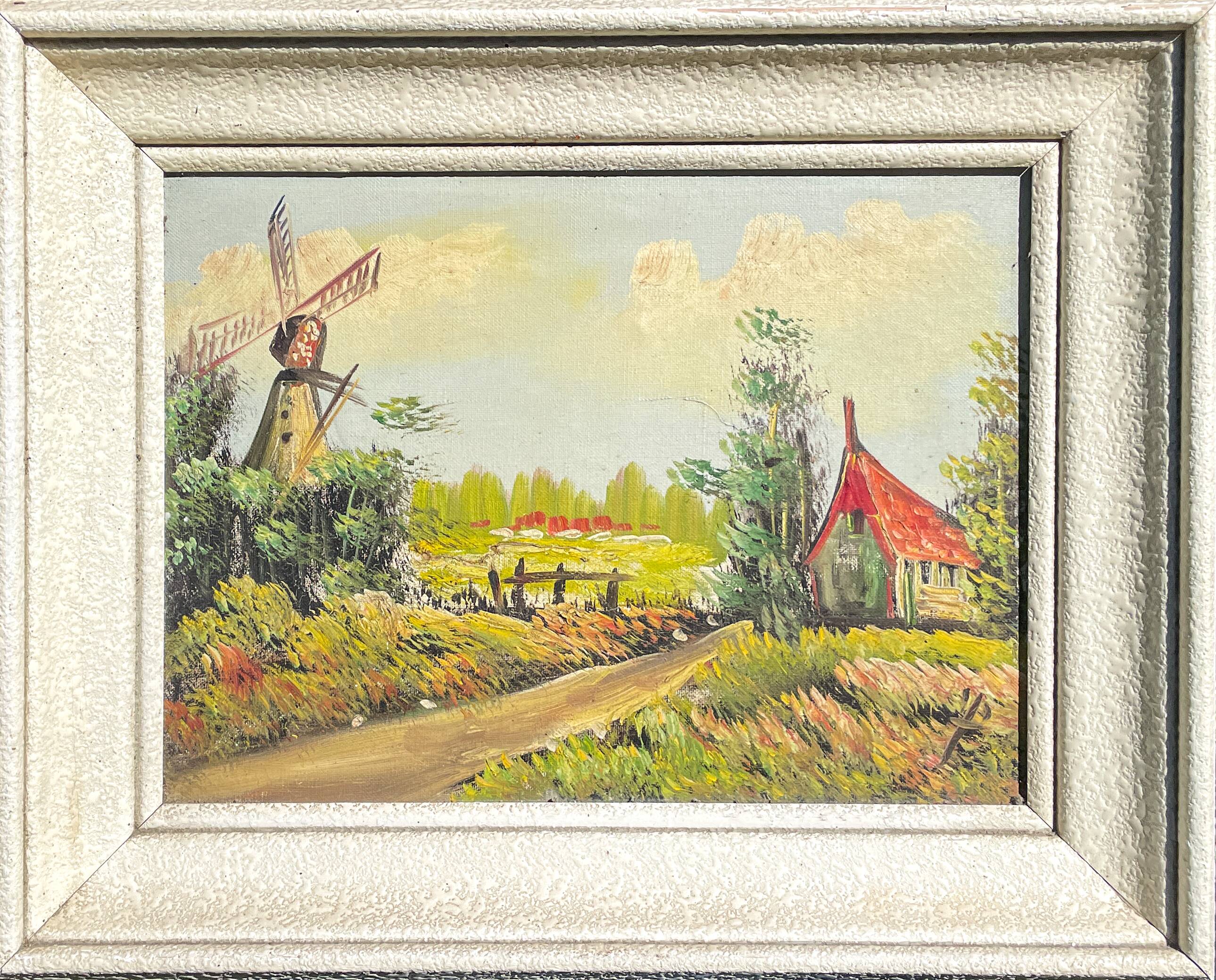 Old landscape painting – Framed oil on canvas – Mill and cam house