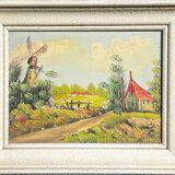Old landscape painting – Framed oil on canvas – Mill and cam house