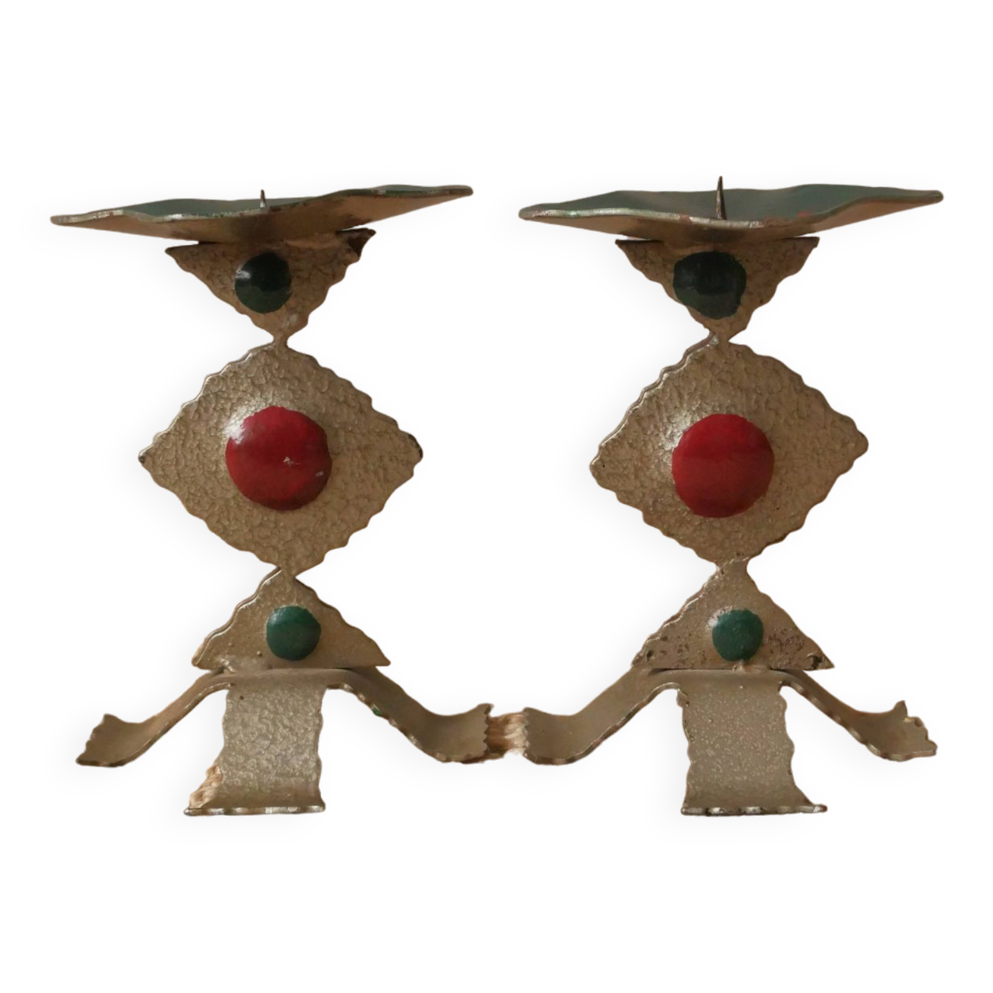 Pair of painted metal candle holders artisanal handmade wrought iron candelabra candlestick