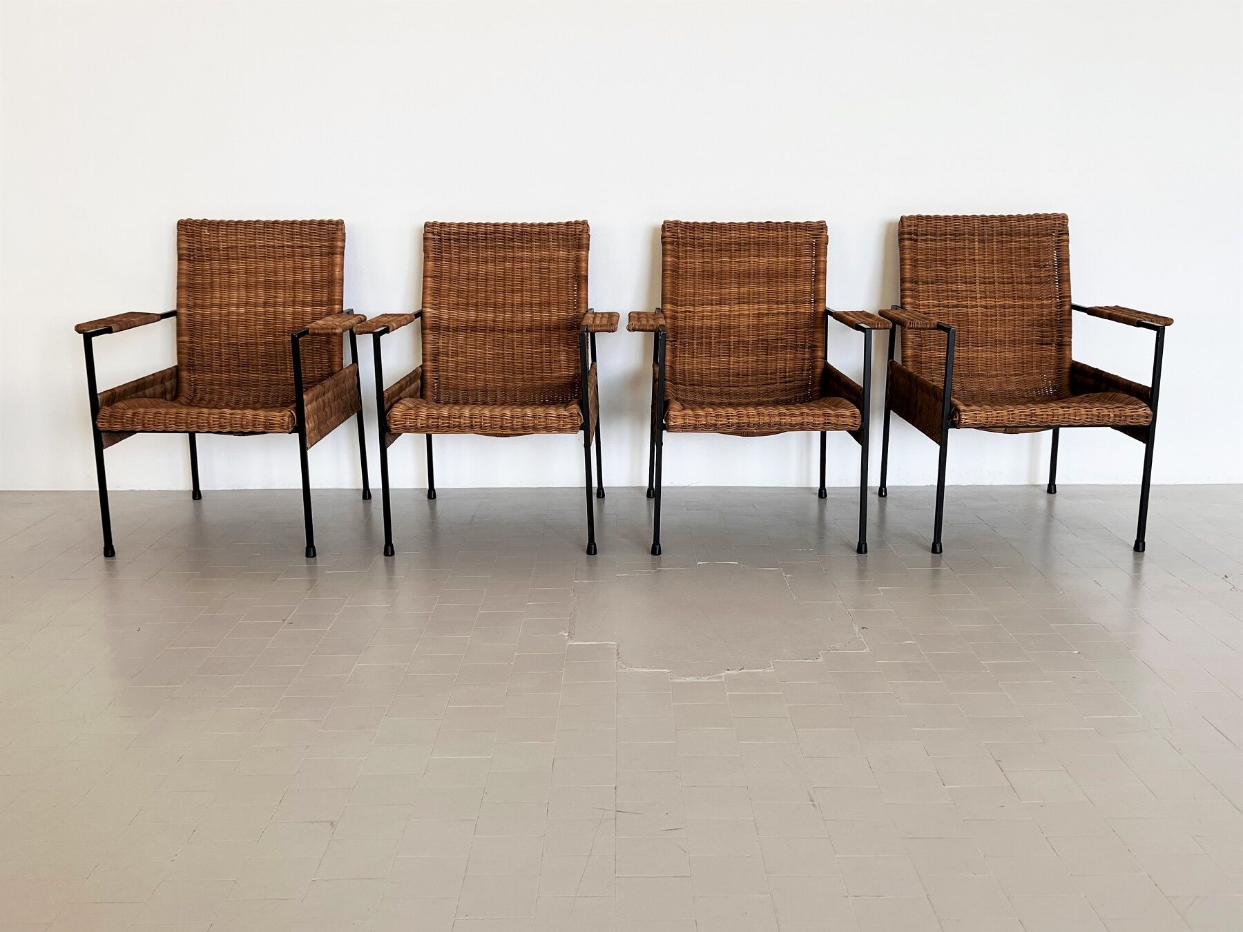 Rattan wicker and iron lounge chairs, set of 4