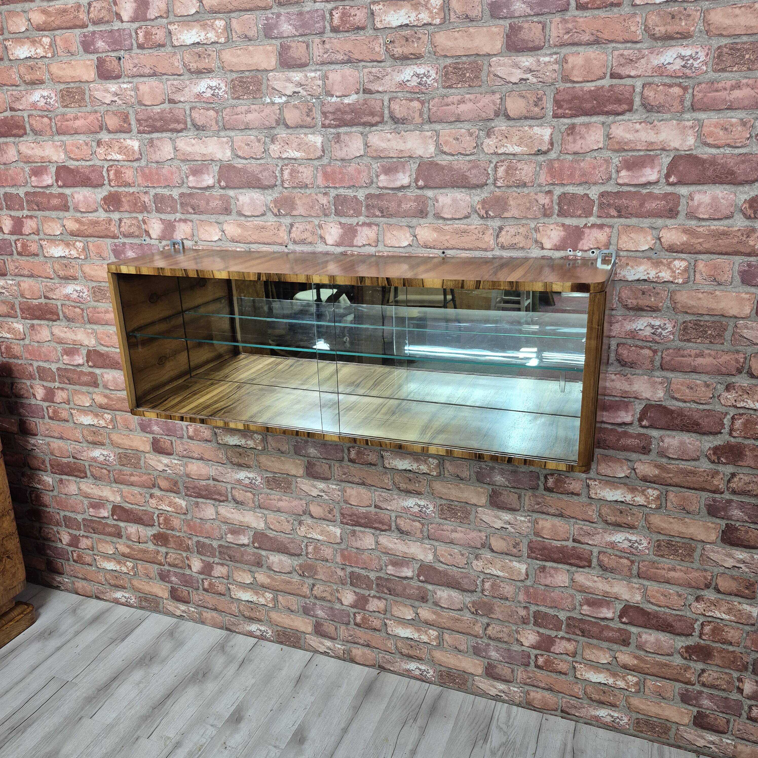 Wall-Mounted Walnut Display Cabinet with Mirrored Back – Upcycled 1960s Mid