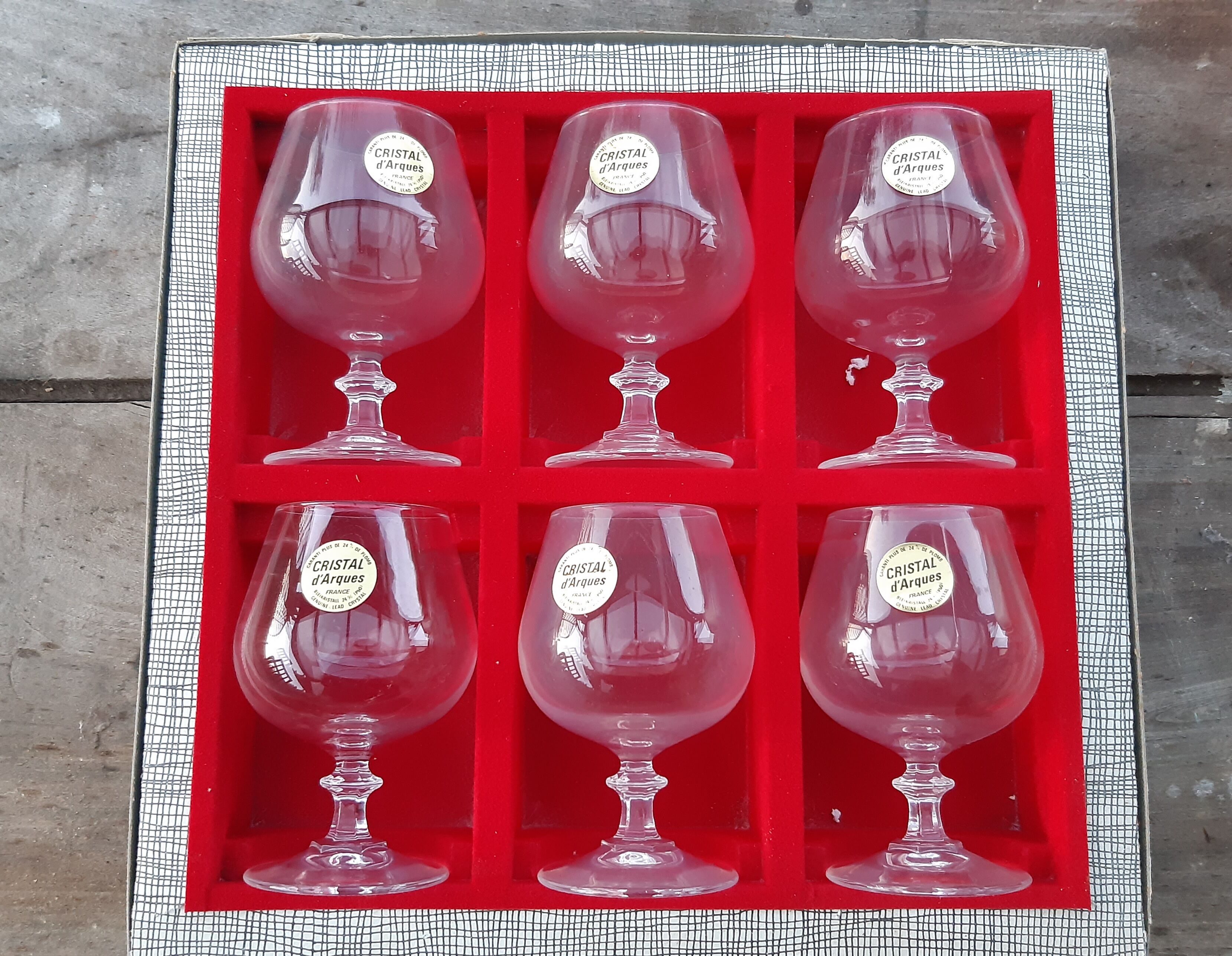 6 new Arques crystal cognac glasses