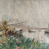 Watercolor painting "Animated river landscape" second half of the XX°