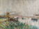 Tableau aquarelle "paysage de rivière animé" seconde moitié du xx°