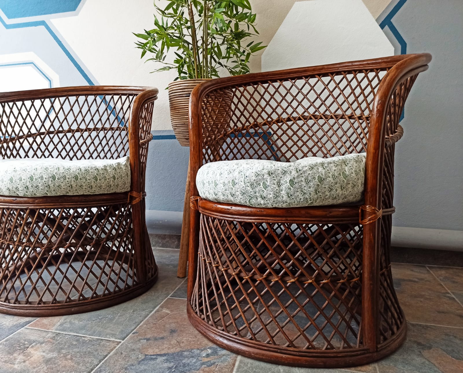 Pair of vintage bamboo rattan armchairs